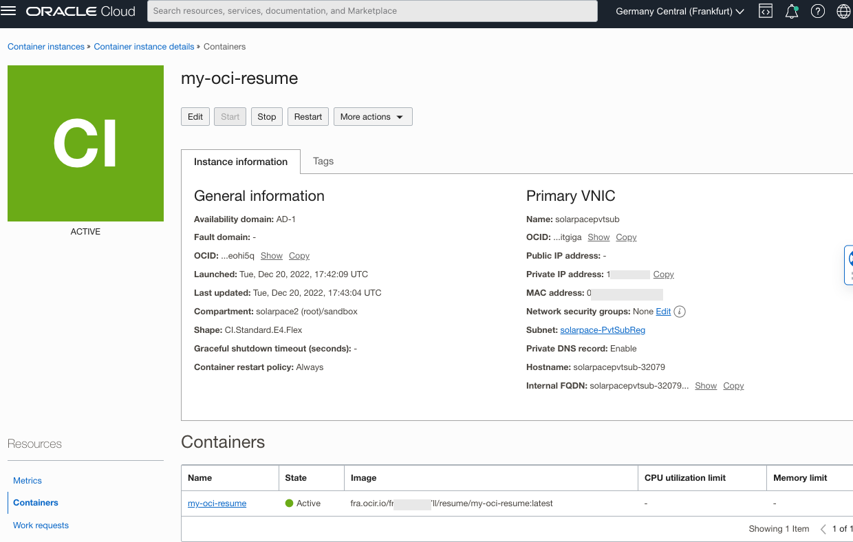 my oci resume container instance